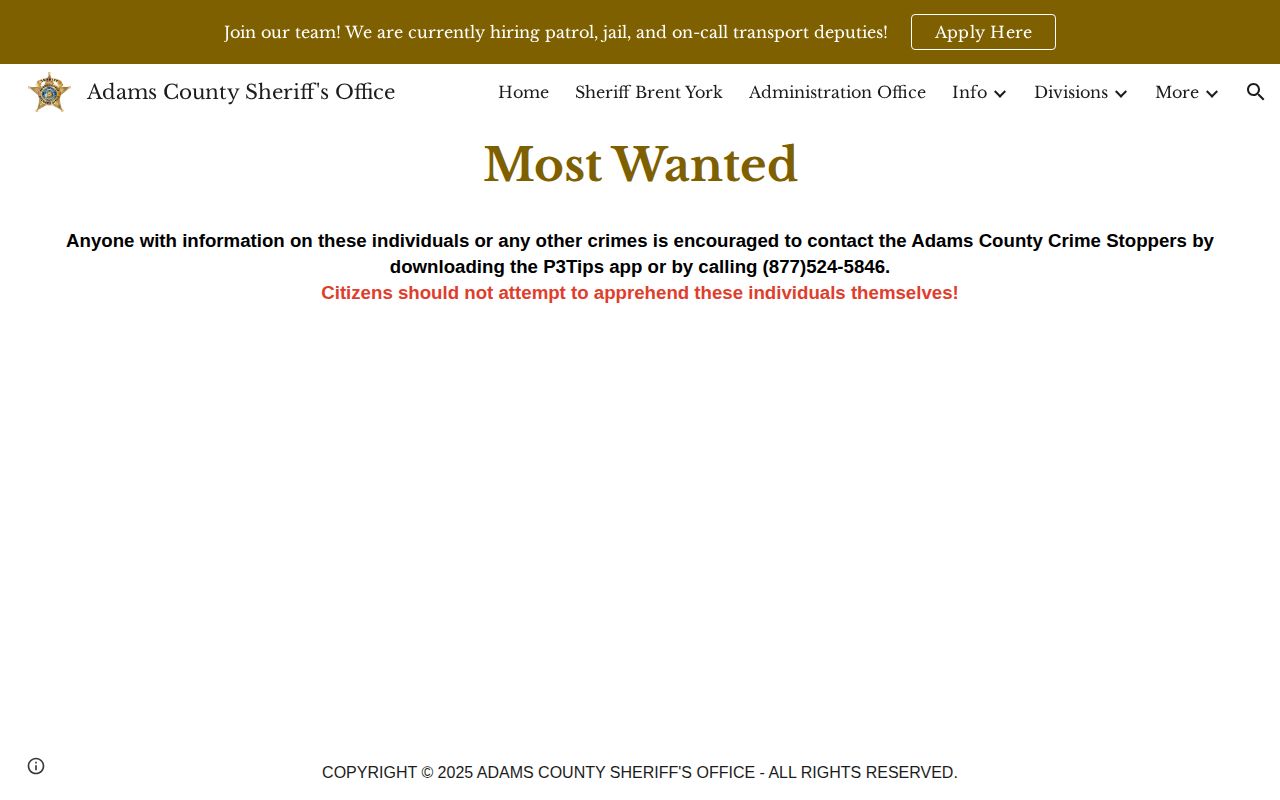 Adams County most wanted warrant information source page